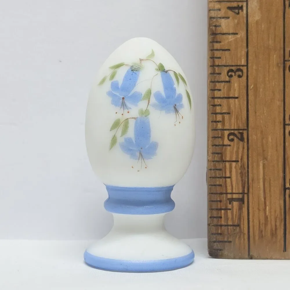 FENTON SATIN MILK GLASS HAND PAINTED BLUE BELLS EGG ON STAND SIGNED VINTAGE